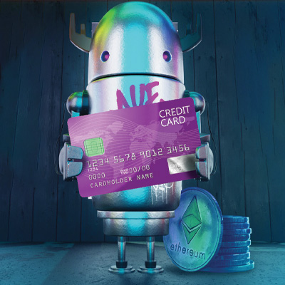 Robot holding Credit Card in Vertikal Metaverse
